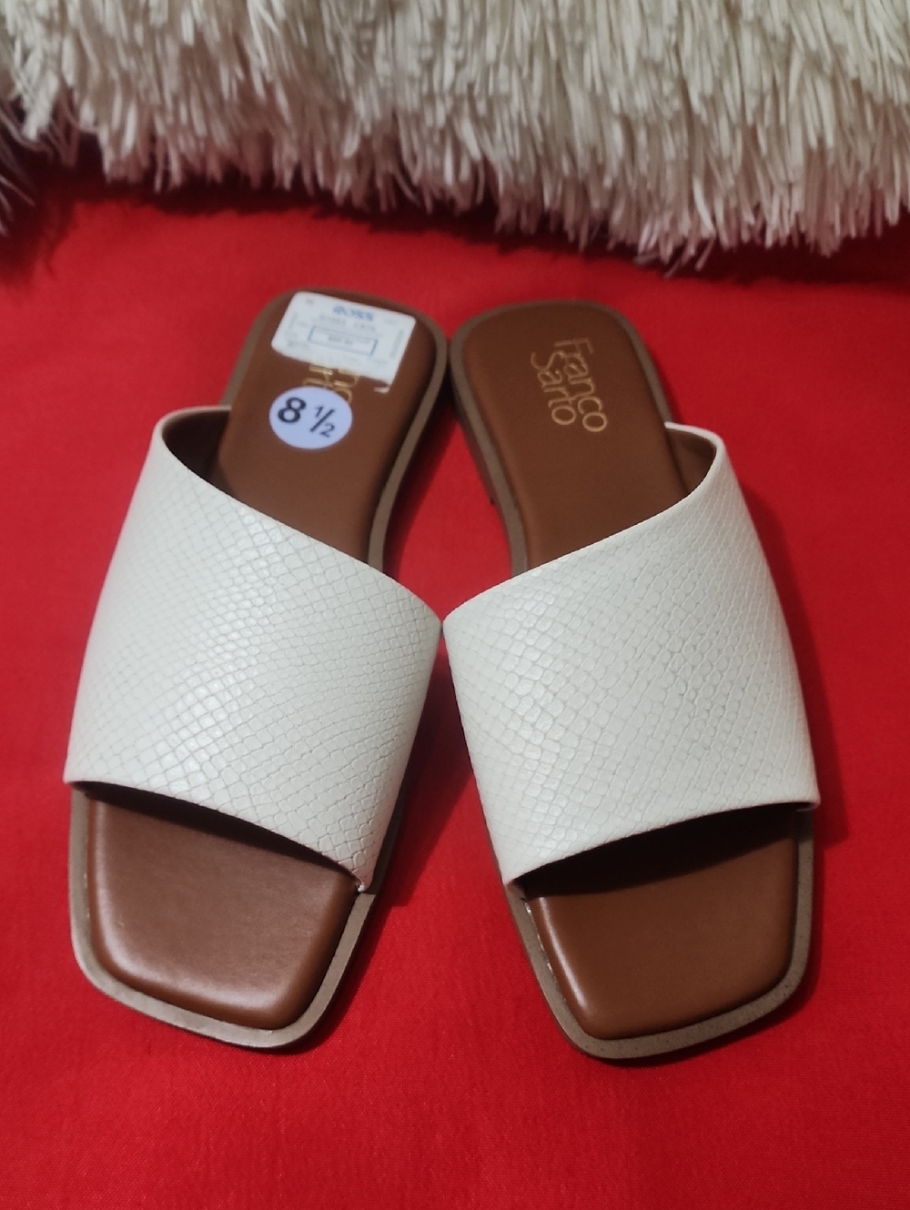 Franco Sarto Maively White Textured Slide Sandals with Brown Footbed